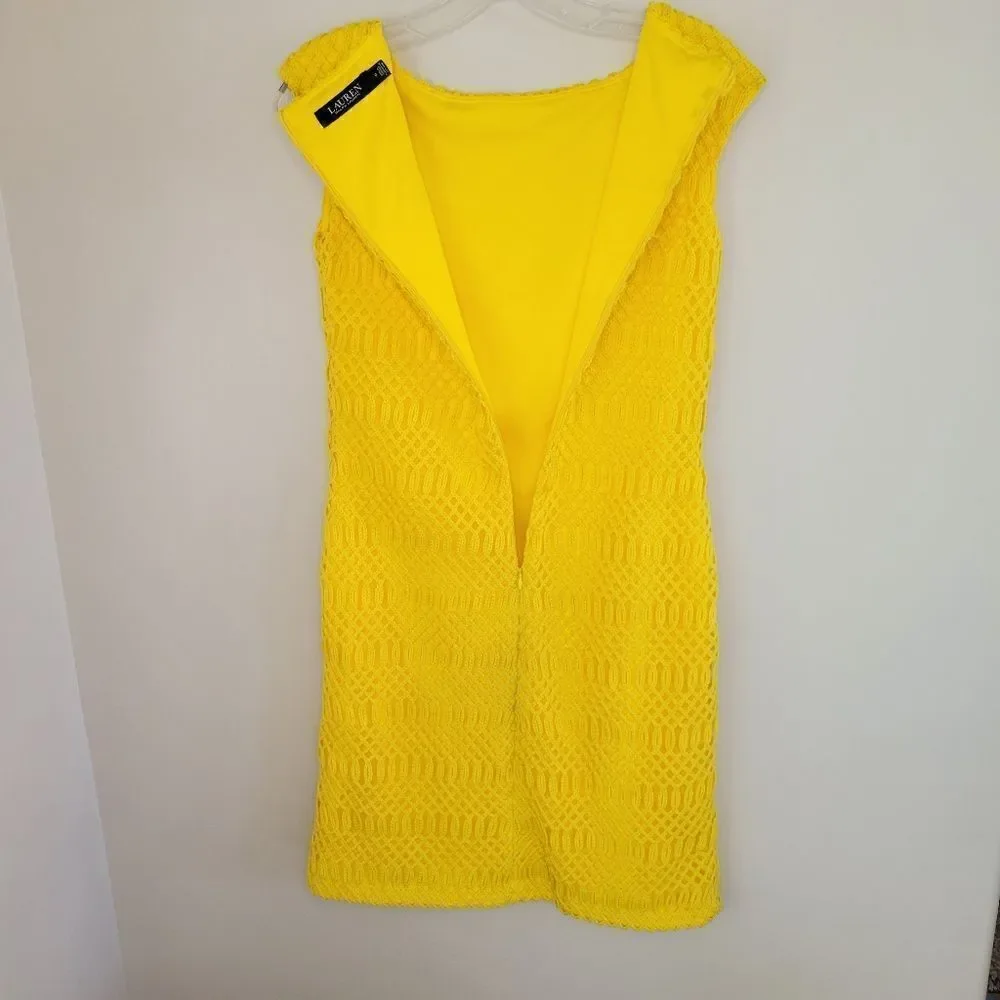 Lauren Ralph Lauren Lemon Yellow Lattice Lace Cap Sleeve Dress - Picture 5 of 9